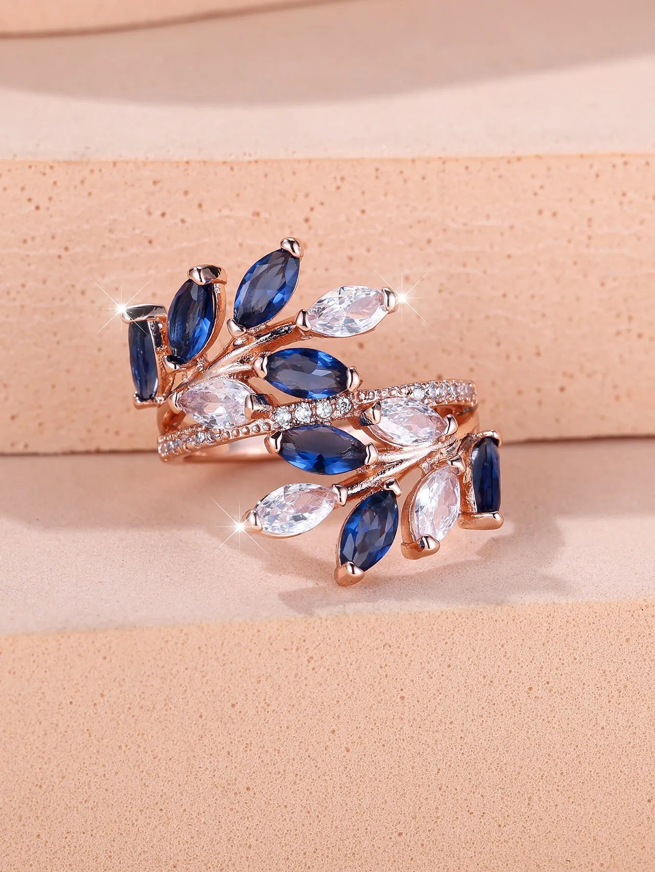 Adjustable copper leaf ring with horse eye design and zircon stones in multiple colour options