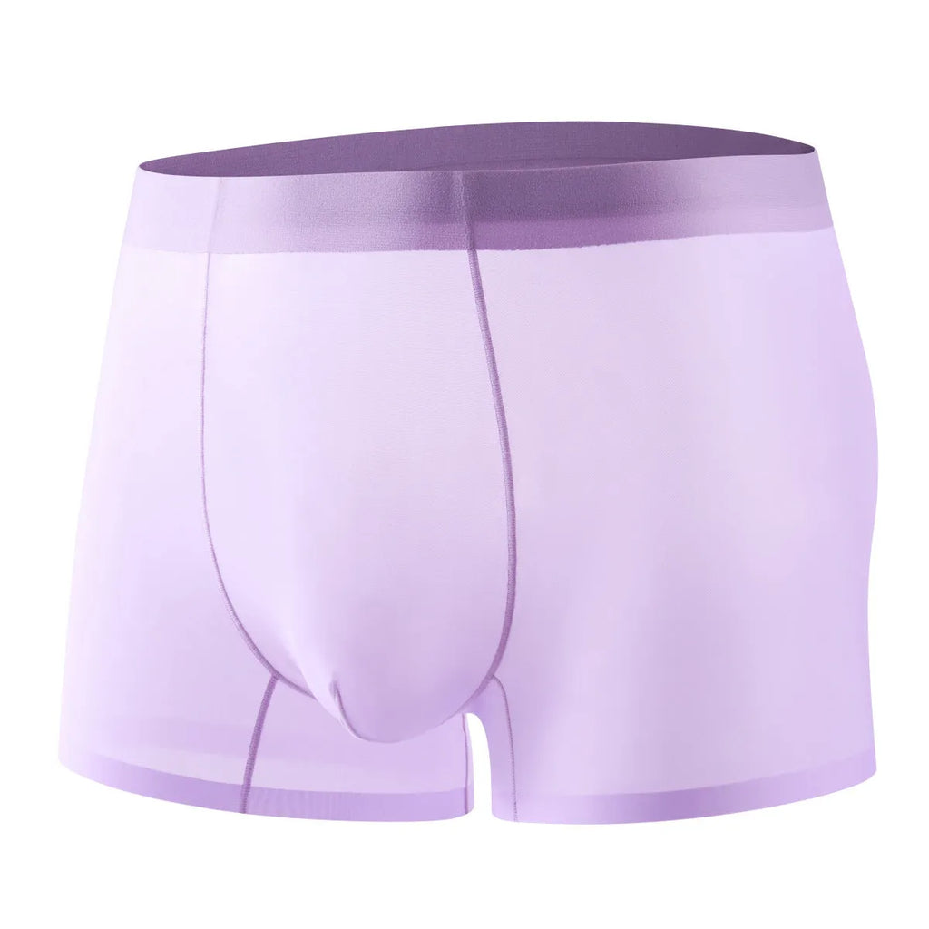 Seamless Ice Silk men's boxer briefs in white, shown flat to highlight traceless construction.