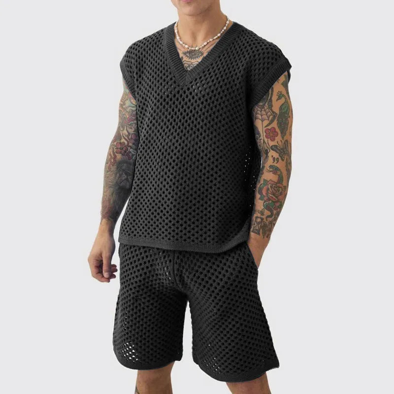 Men's blue knitted V-neck vest and matching shorts suit for summer sports