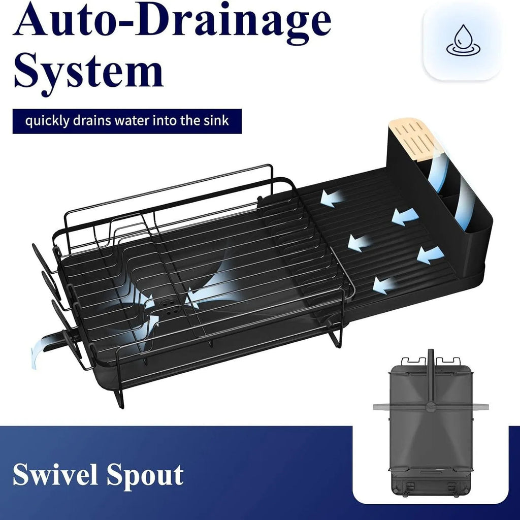 Foldable carbon steel dish drain rack holding cutlery and cups on a kitchen counter.
