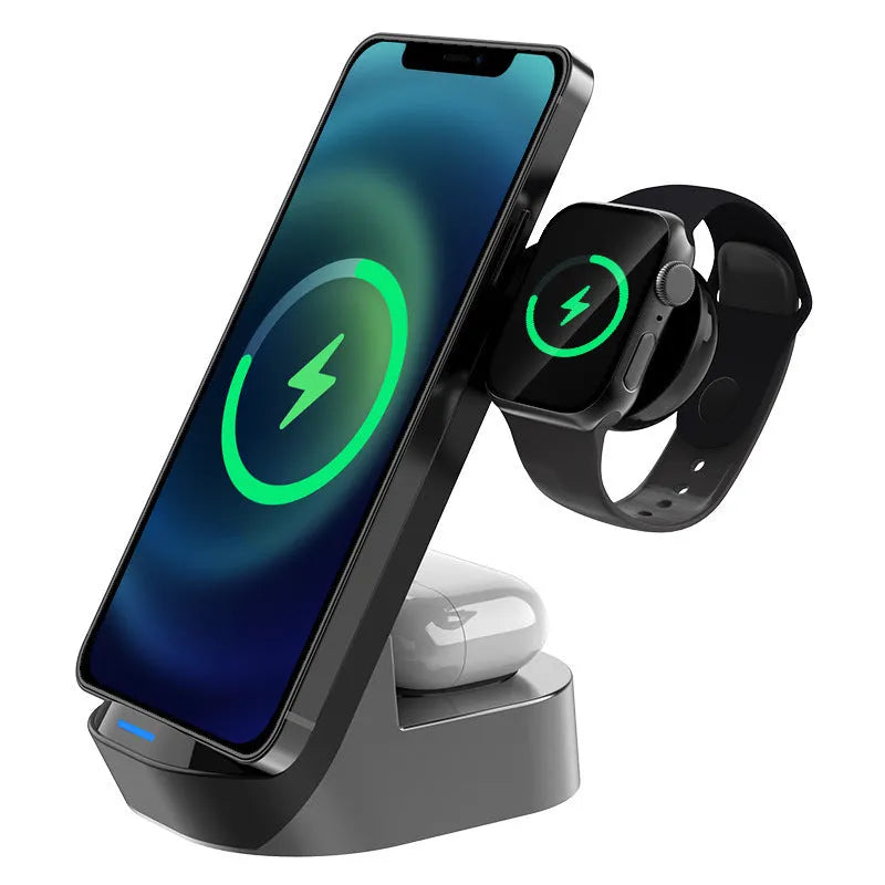 Black grey foldable 3-in-1 wireless charging stand with phone upright