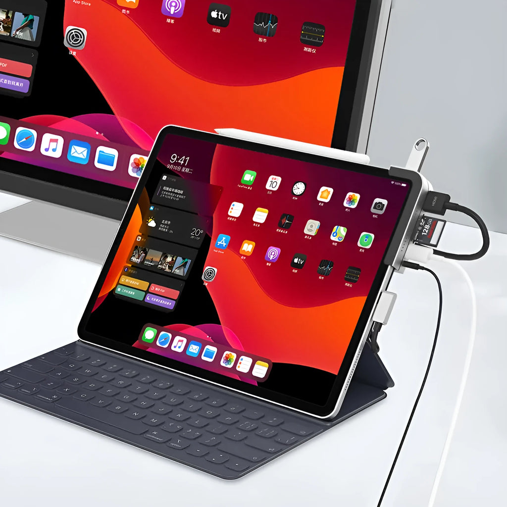 Silver aluminium grey 6-in-1 USB-C docking station for iPad Pro tablets with HDMI port and multiple connectors
