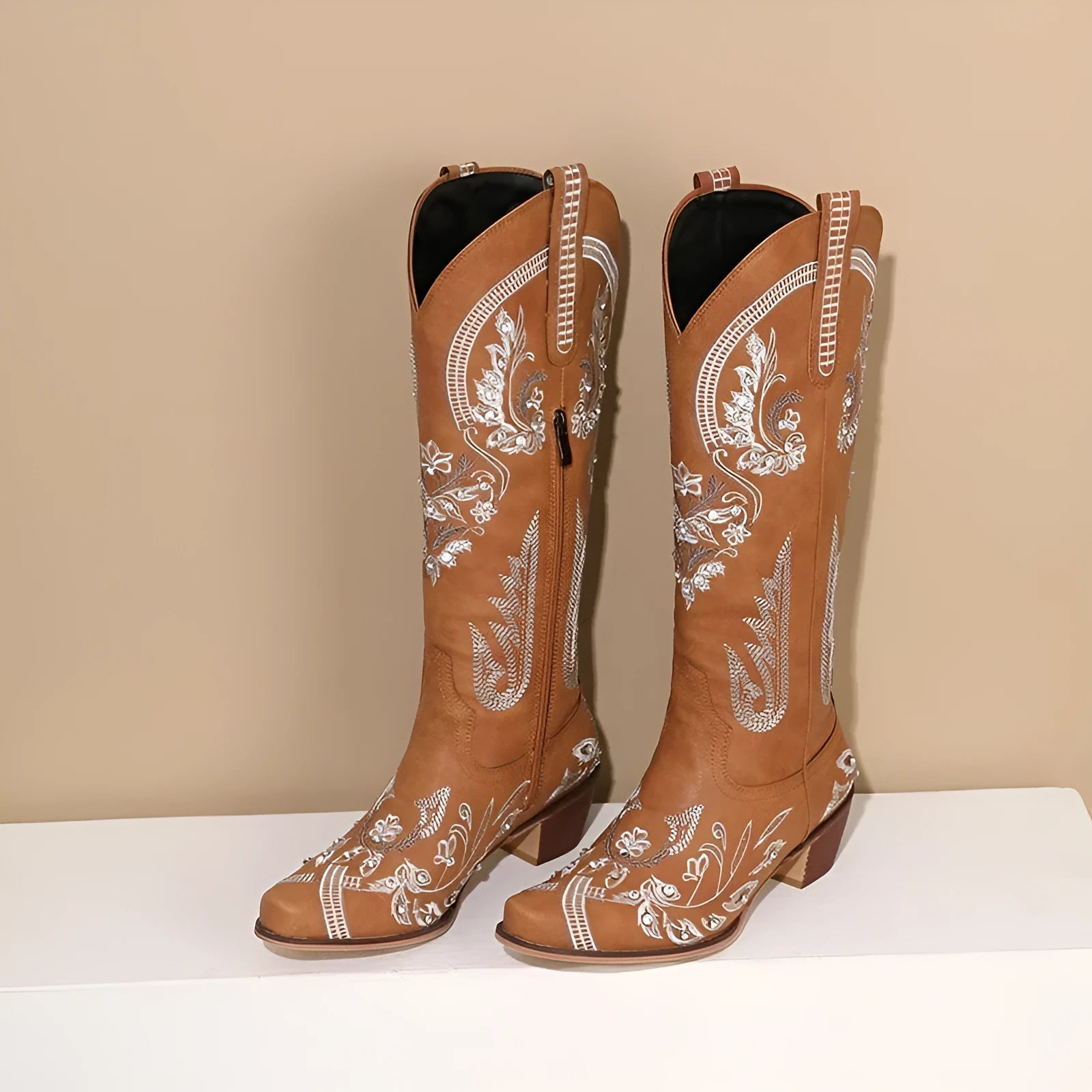 Embroidered rhinestone thick high heel side zipper high-top boots for women in beige with non-slip rubber sole