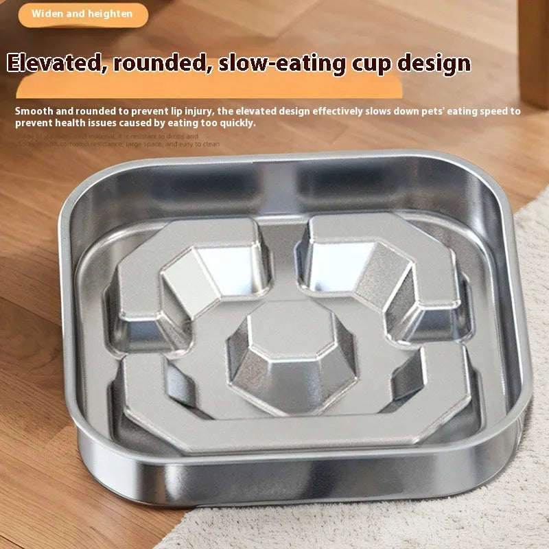 Square stainless steel slow feeding bowl with bone pattern interior for dogs and cats