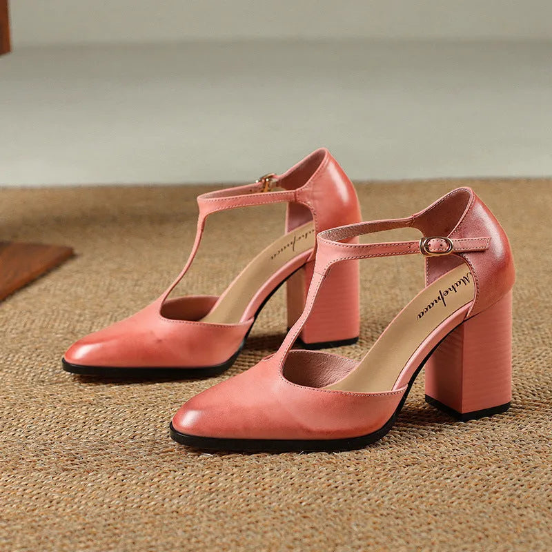 Women's retro pointed toe Mary Jane shoes with hollow baotou design and buckle closure in dark brown and pink colours