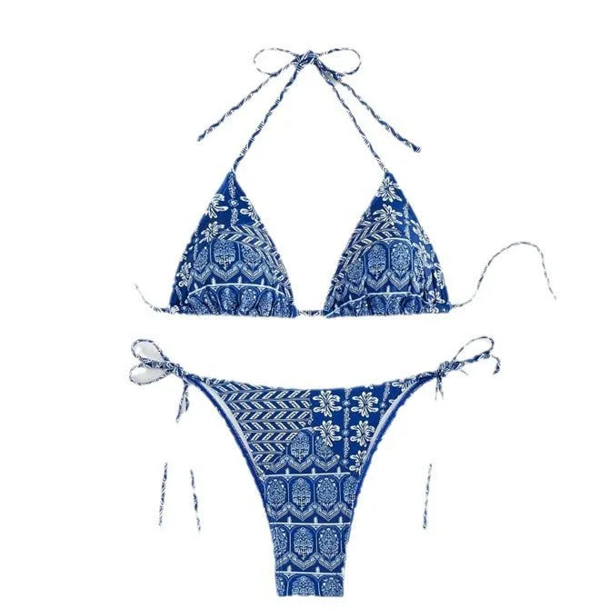 Women's split bikini swimsuit with bandage stitching in polyester material