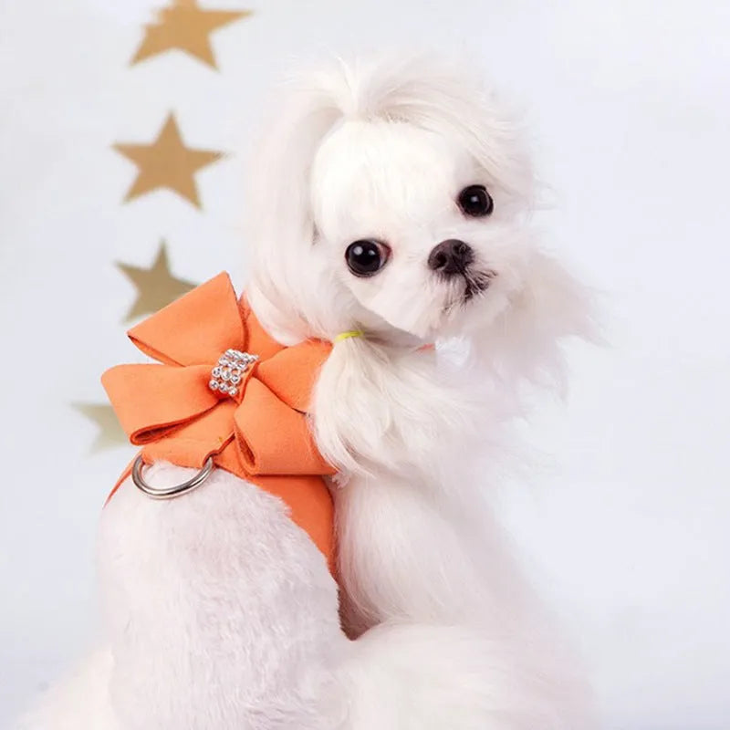 Adjustable microfiber dog chest strap shown in pink, blue, and orange colour options.
