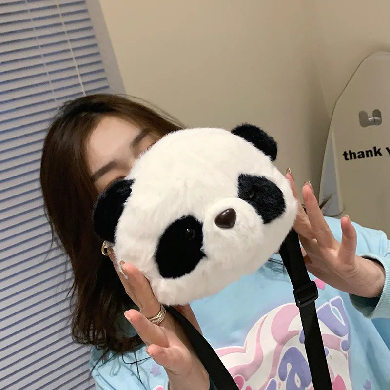 Cute plush crossbody bag with panda head design, cylindrical shape measuring 18×15×8cm