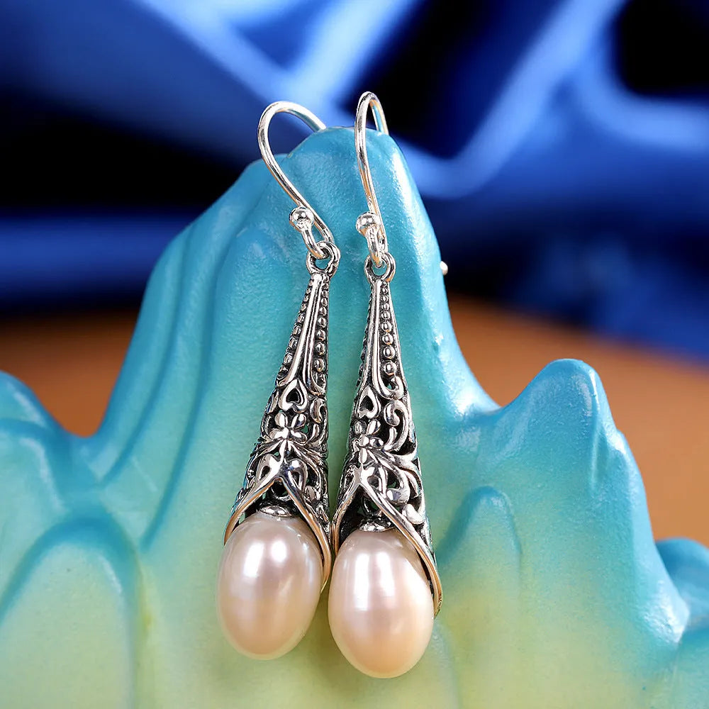 S925 silver inlaid Baroque long pearl earrings teardrop shape women's earrings