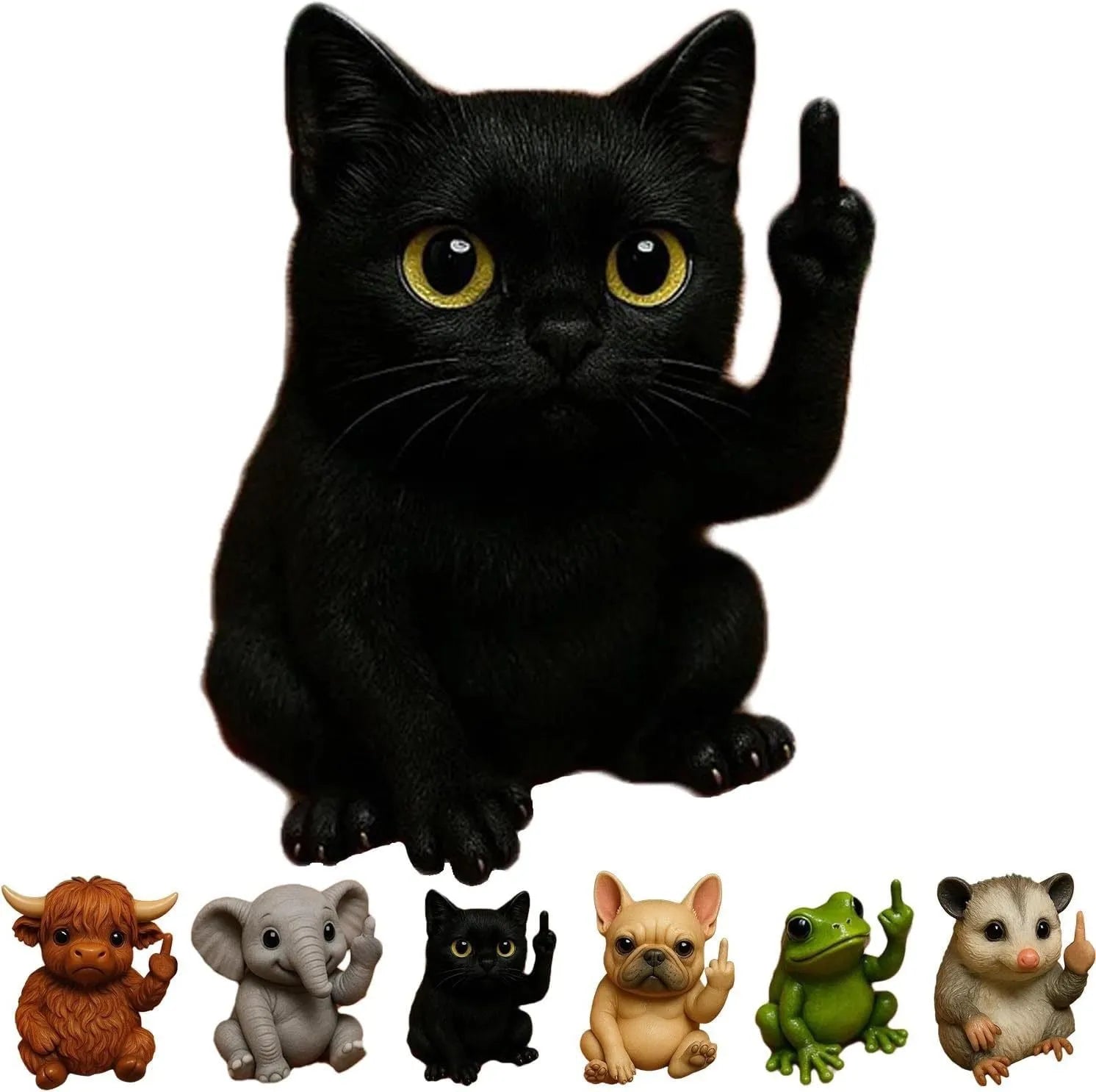 Mini resin animal doll with raised middle finger in dog, cat, elephant, frog, mouse, turtle, or Highland cattle style.