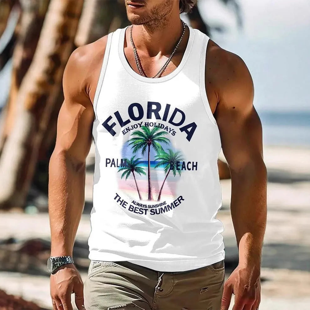 Men's solid colour Hawaiian style 3D printed sleeveless vest t-shirt in polyester fabric
