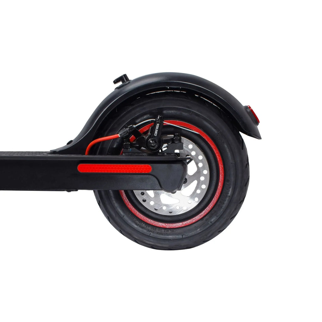 Black aluminum alloy electric folding scooter with 10-inch tyres and dual brakes on a plain background