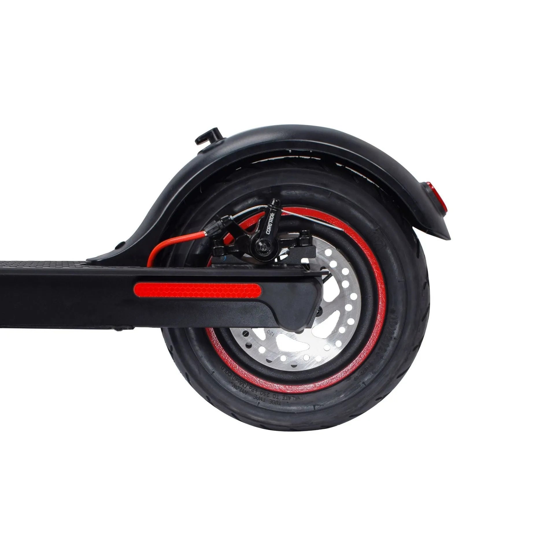 Black aluminum alloy electric folding scooter with 10-inch tyres and dual brakes on a plain background