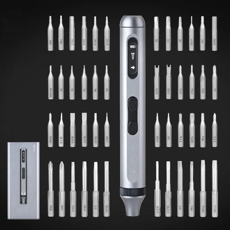 Precision electric screwdriver with aluminium handle showing scale against a ruler