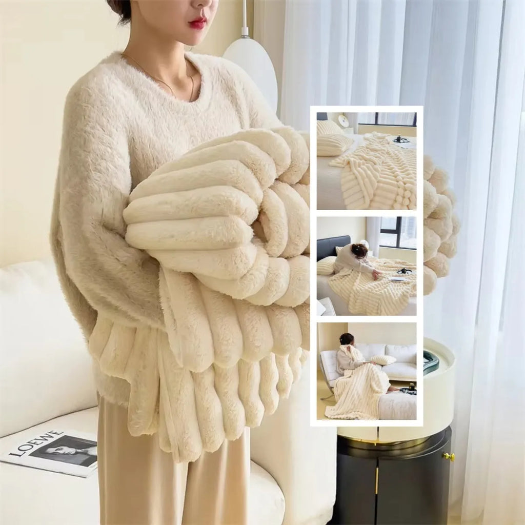 Soft wind bubble velvet faux rabbit fur blanket in a solid colour, showing double-sided thickening texture.