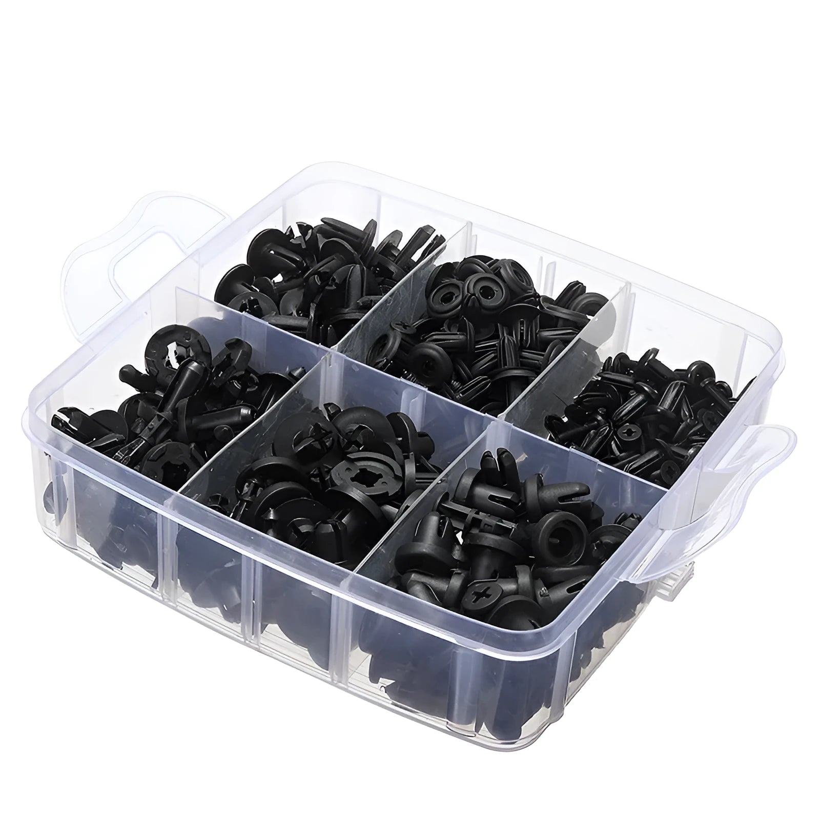 Automotive fastener kit with 721 boxed buckles, screwdriver, rocker, cable ties, and gaskets in carton packaging