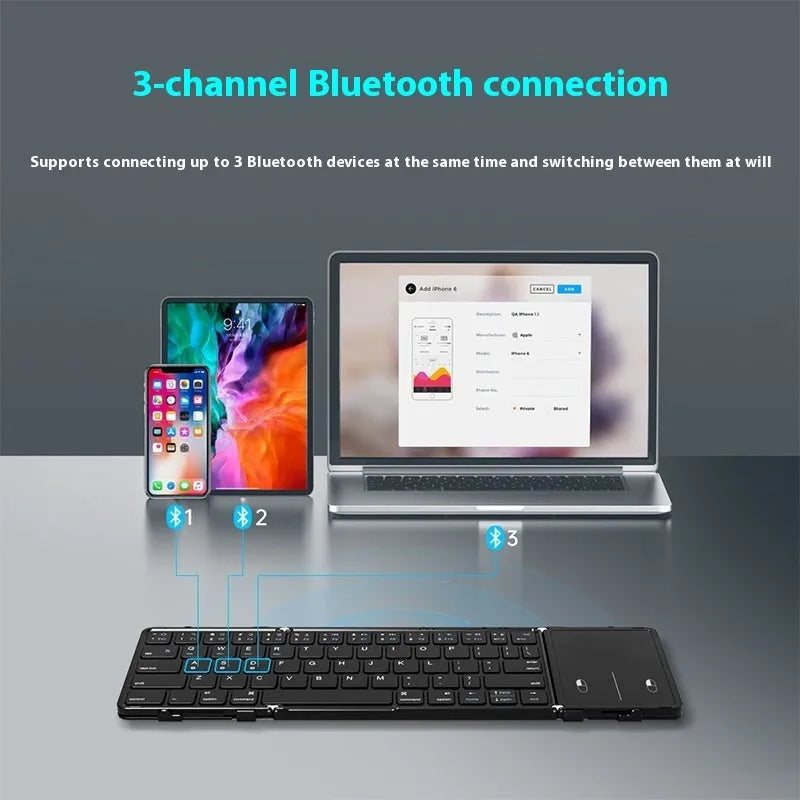 Black folding Bluetooth keyboard with touchpad option showing compact folded size