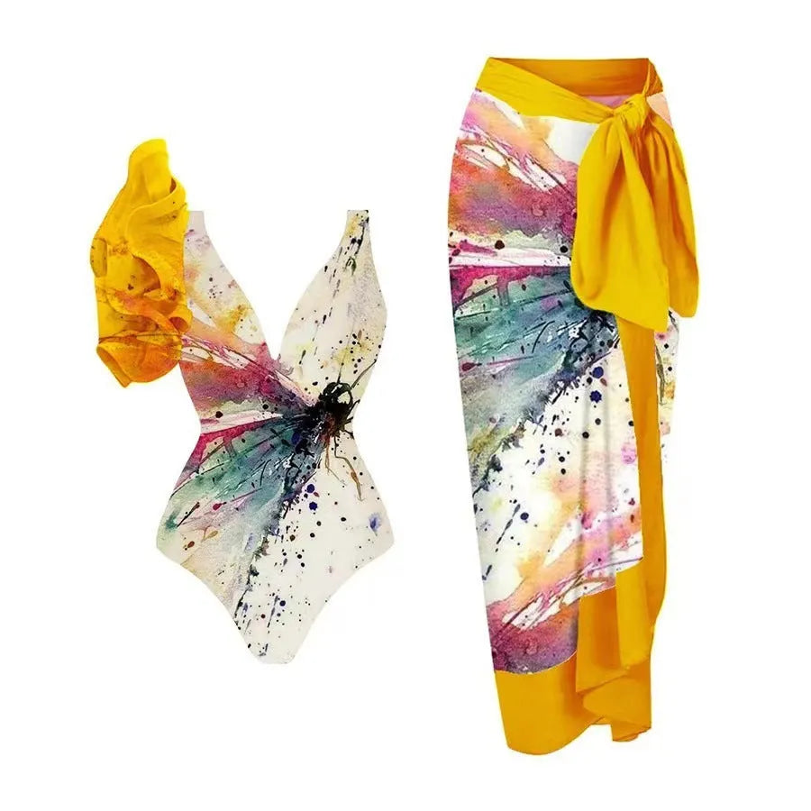 Yellow women's one-piece nylon swimsuit with belly cover, sleeveless, available in sizes S to XL