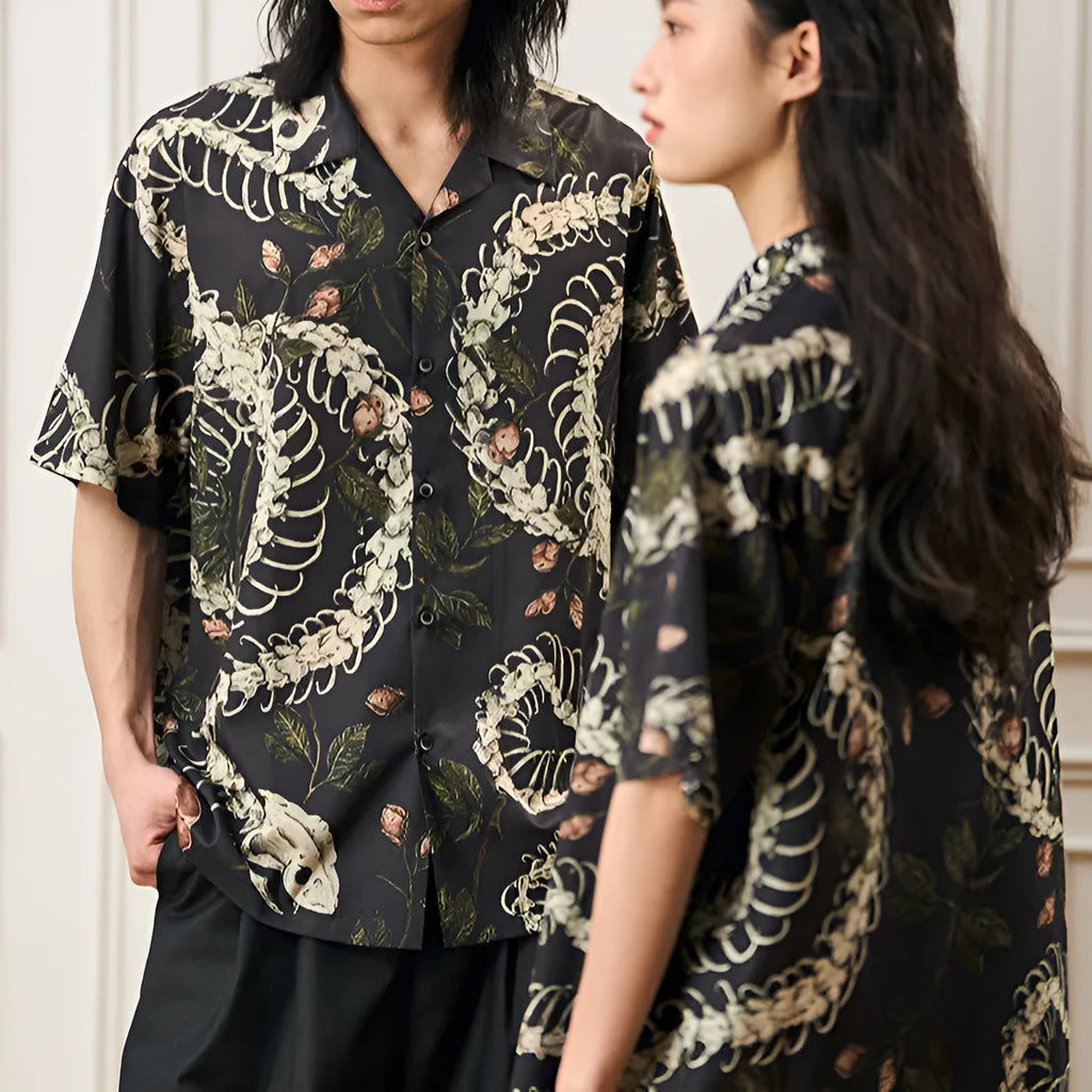 Men's snake bone pattern printed Cuban collar shirt with short sleeves and loose cardigan style