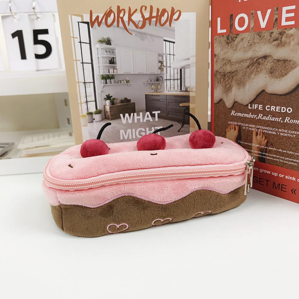 Cherry Cake coloured velvet plush pencil bag with zip, Korean style design.