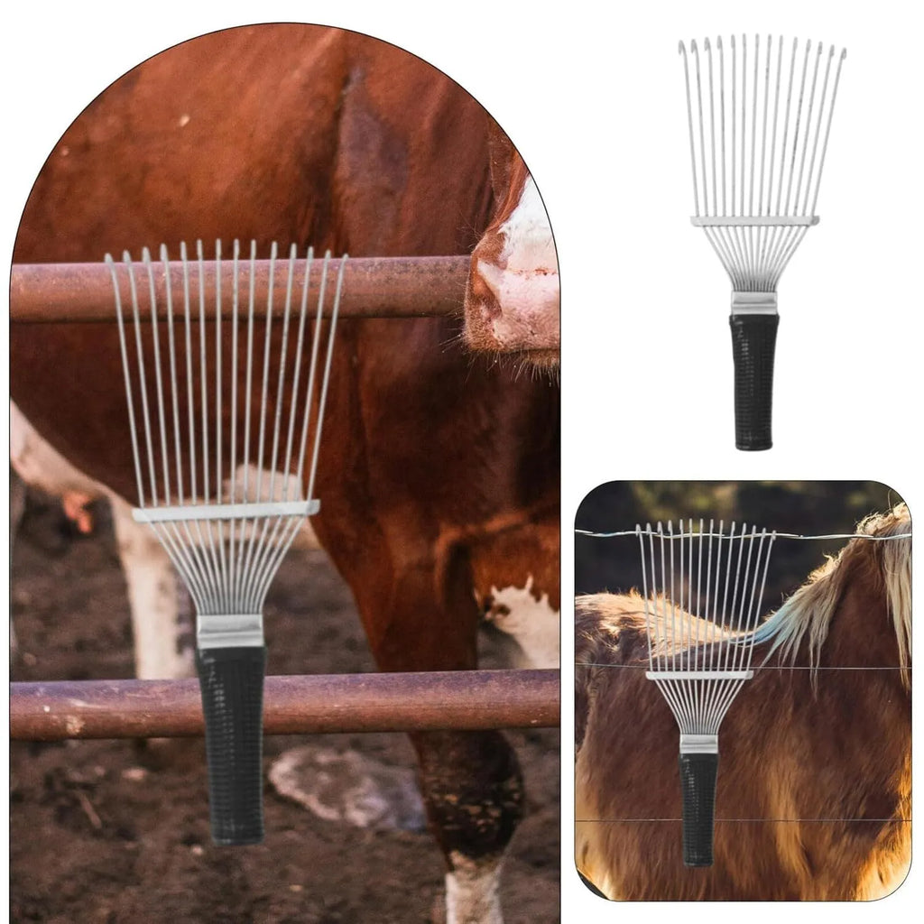 Black stainless steel dematting brush rake for grooming horses and dogs, measuring 33 cm.