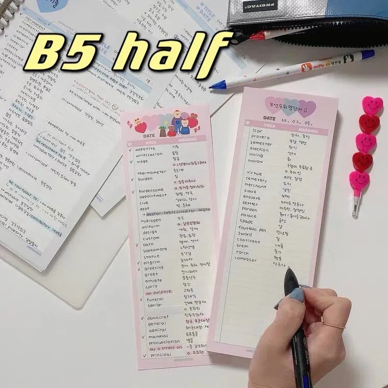 Vertical format English word notepad in half B5 size with double-sided printing and colour-coded cover