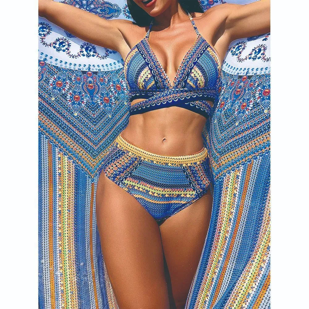 Blue red cross bandage high waist bikini swimsuit three-piece set for women on mannequin