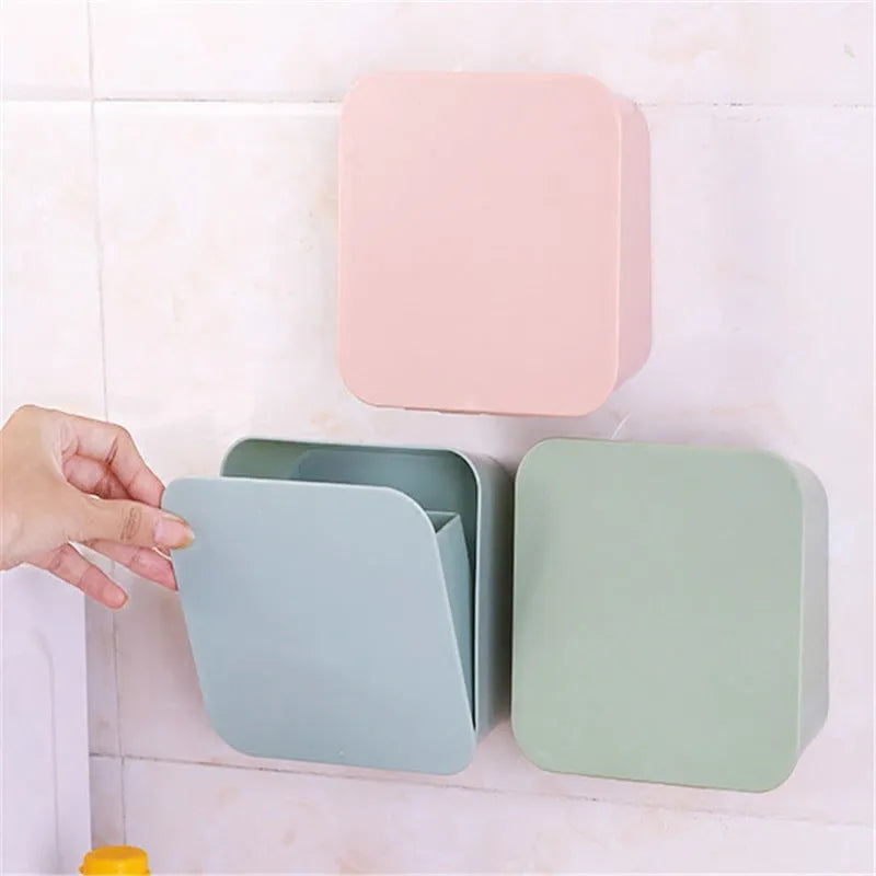 PP plastic paste wall storage box in Nordic blue with adhesive sticker mount, sealed lid, on a clean wall