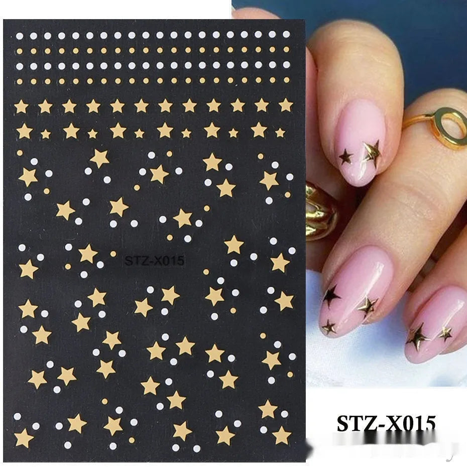 Pack of black and silver striped nail art stickers with cartoon and love pattern designs.