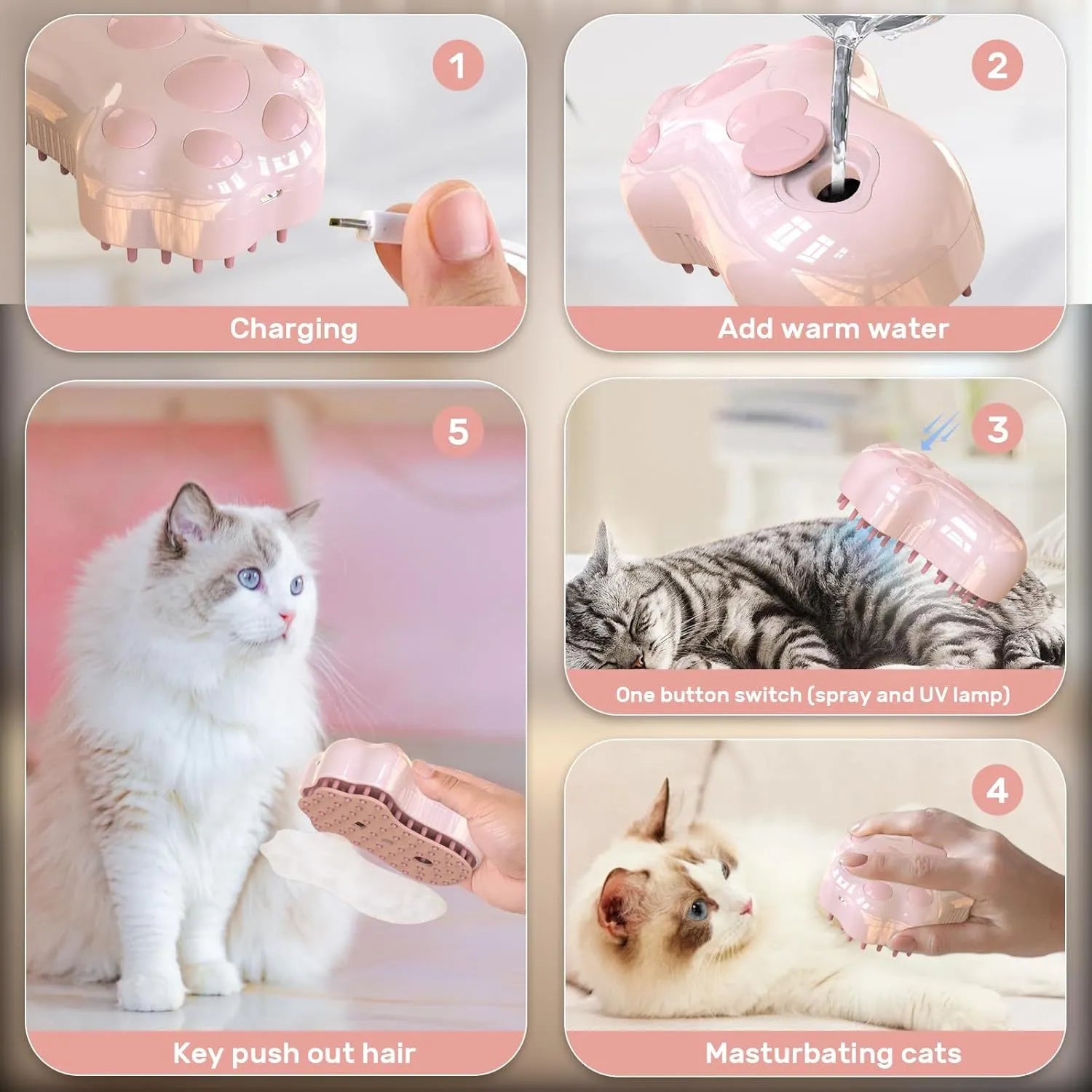 Blue self-cleaning cat grooming brush with silicone bristles and steam spray function on a pink background.