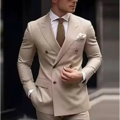 Korean style slim fit men's two-piece suit in grey, business casual cut with adhesive interlining construction.