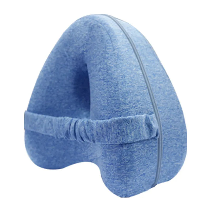 Heart-shaped memory foam leg pillow in blue colour showing dimensions of 25x23x13 cm