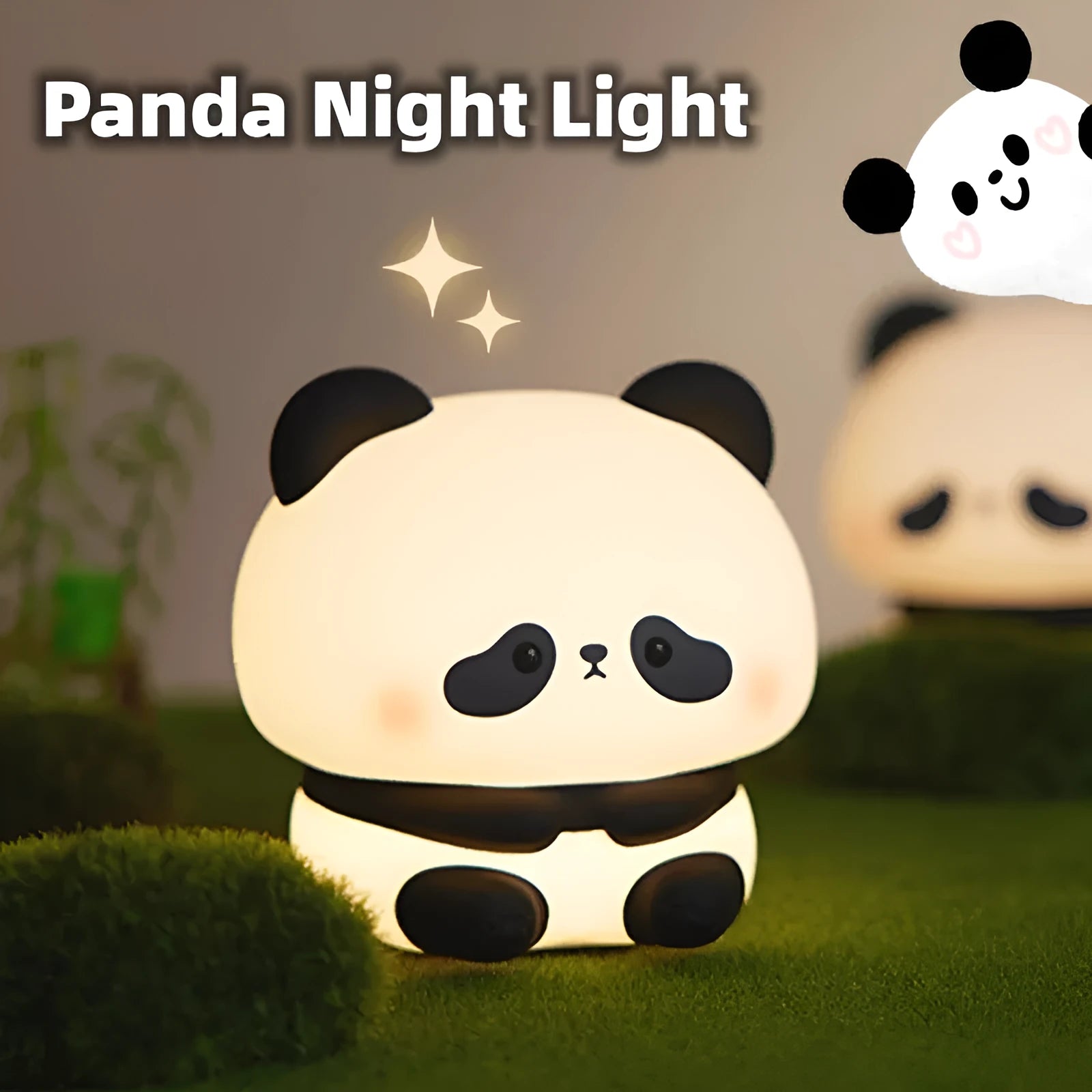 Panda LED night light with soft silicone head and colourful glow on a wooden table