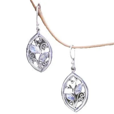 Silver alloy leaf earrings with embedded colourful moonstones for women
