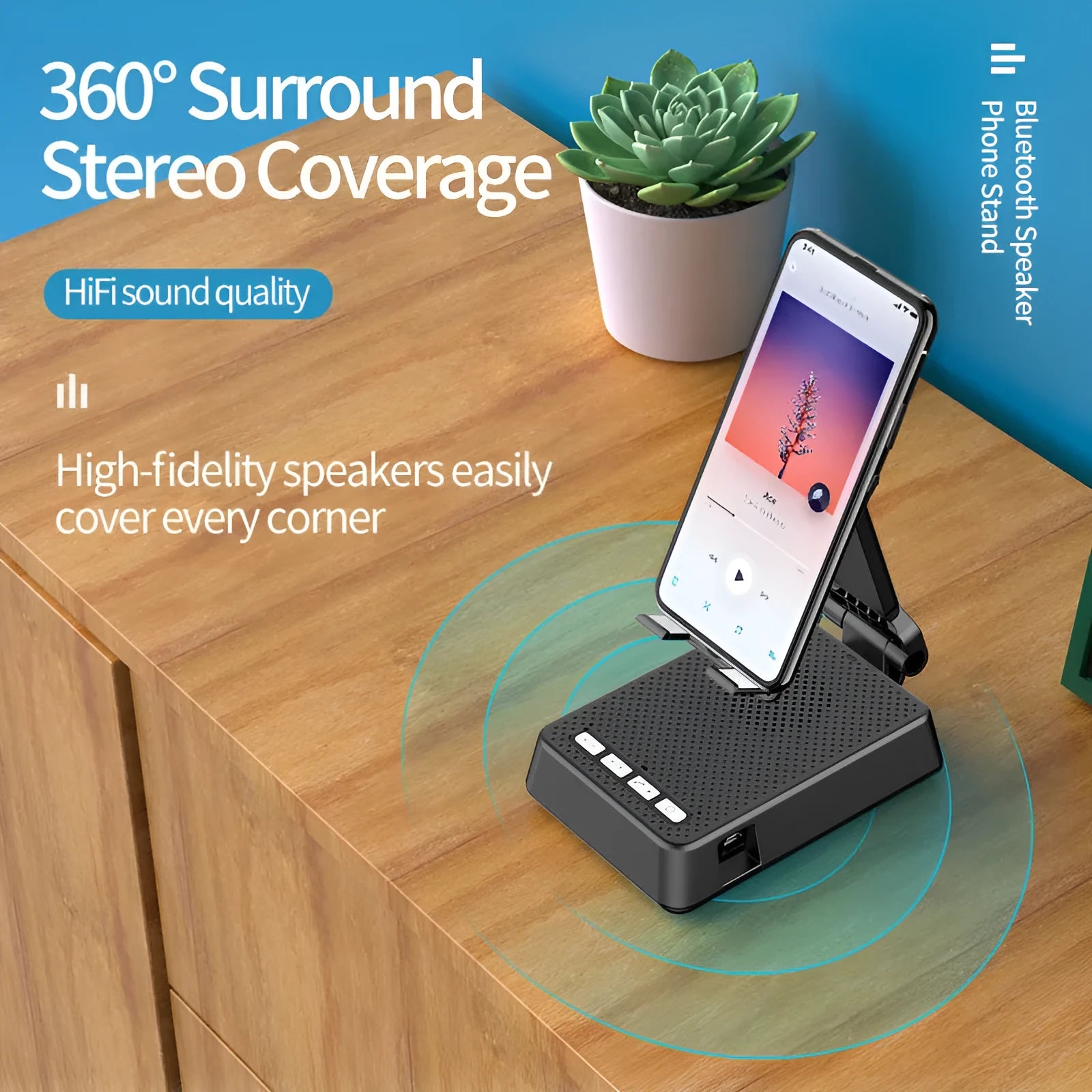 Black mobile phone broadcasting stand with integrated Bluetooth speaker and microphone on desk