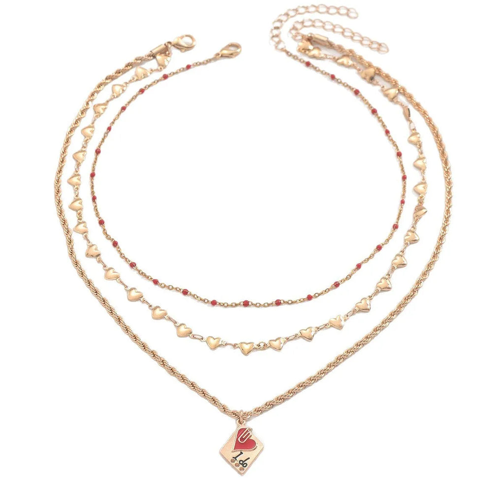 Three-layer zinc alloy clavicle chain necklace with heart pendant, adjustable 41-50cm length