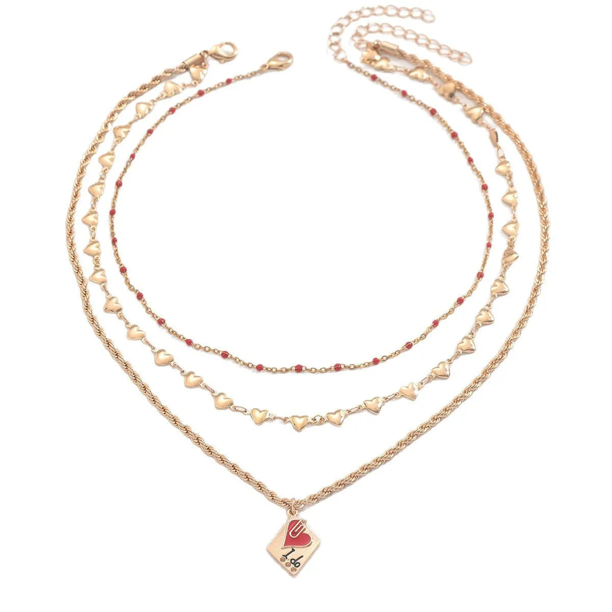 Three-layer zinc alloy clavicle chain necklace with heart pendant, adjustable 41-50cm length