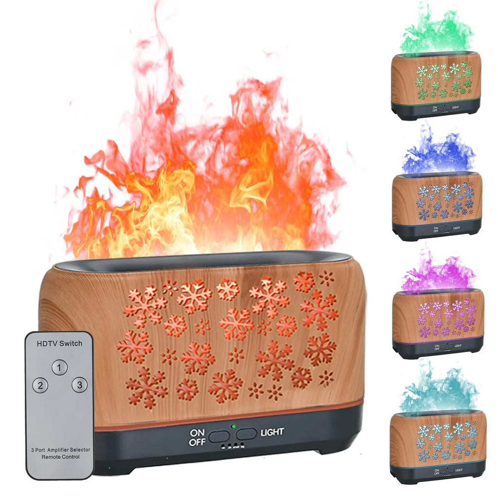 Wood grain snowflake pattern desktop humidifier with 7 colour flame effect and remote control