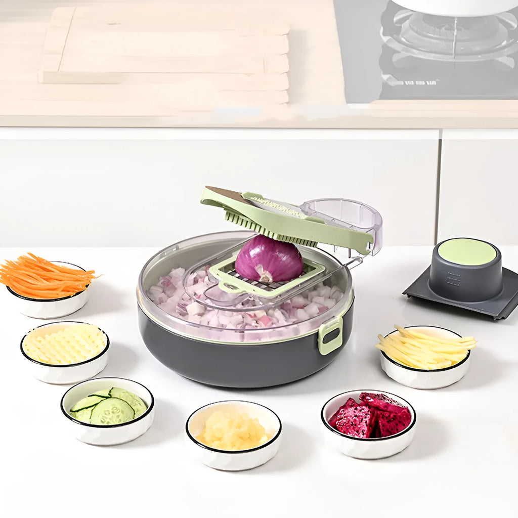 Multifunctional vegetable cutter set with 8 knives, storage box, and hand protector in grey or white