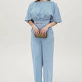 Blue men's casual polyester suit with long sleeve jacket and matching trousers