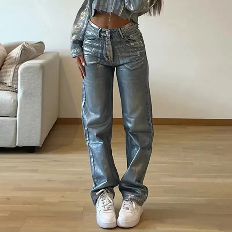 High-waist straight leg denim jeans in blue with street hipster styling and contrast colour details