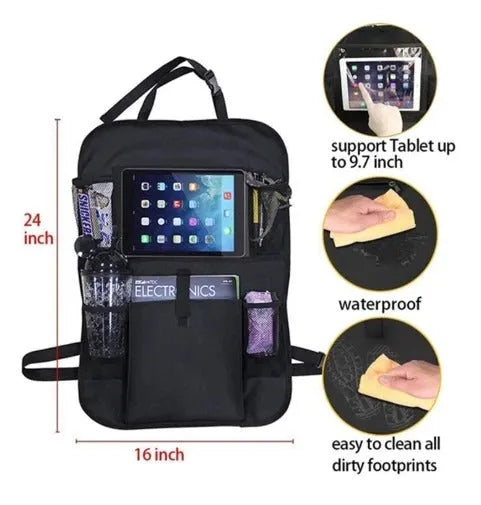 Car seat back storage bag in 600D Oxford cloth with mesh pocket, 61x41cm, hanging on seat back