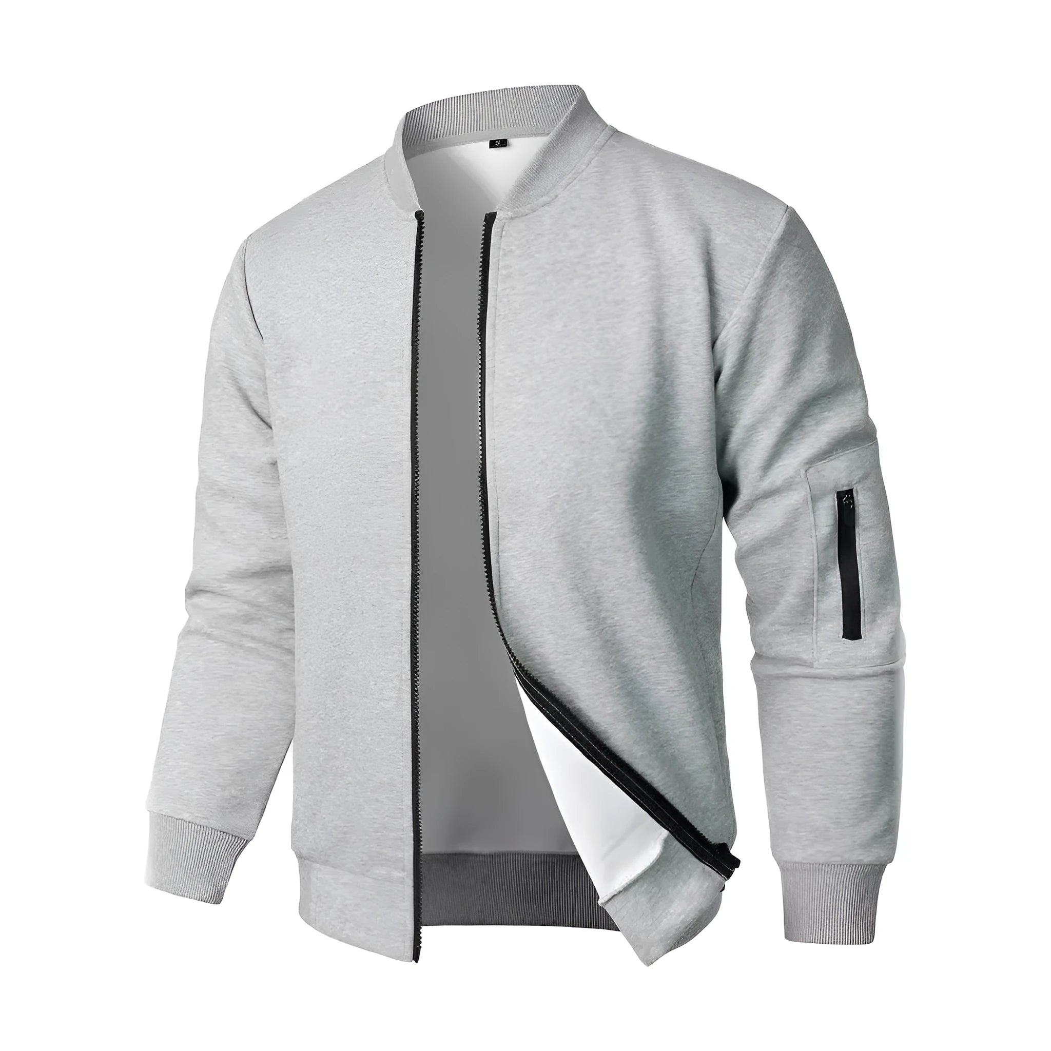 Men's loose fit cotton knitted jacket with long sleeves in grey, blue, and black.