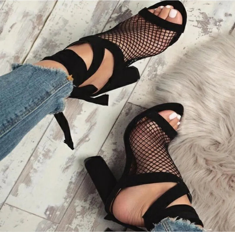 Women black flock cross strap lace up high heel sandals with square heel and buckle strap