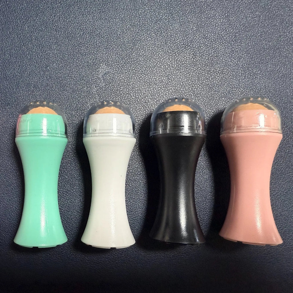 Volcanic stone oil absorbing roller in black, green, pink, or white for facial skincare