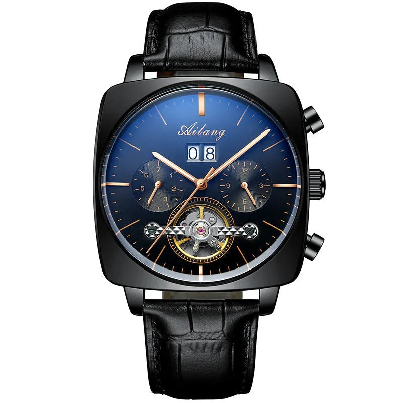 Men's automatic mechanical watch with black leather strap, hollow dial, and luminous hands on a white background