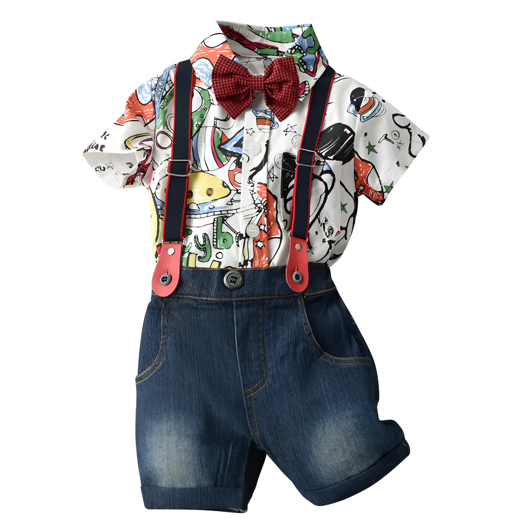 White infant cartoon trouser suit set with shorts, romper and shirt options, European style for 1-3 year olds
