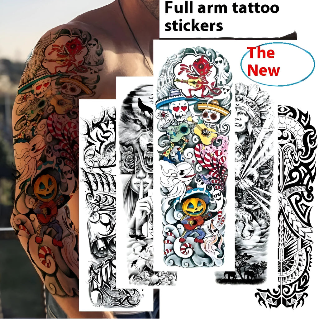 Waterproof full arm tattoo sticker with animal design on craft paper, 170x480mm