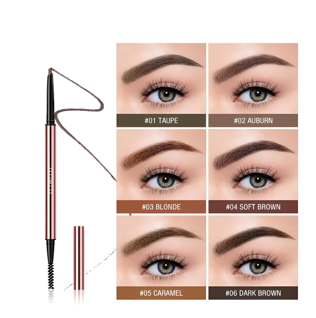Slim brow makeup pencil in colour box with six shade options: Auburn, Blonde, Caramel, Dark Brown, Soft Brown, Taupe.