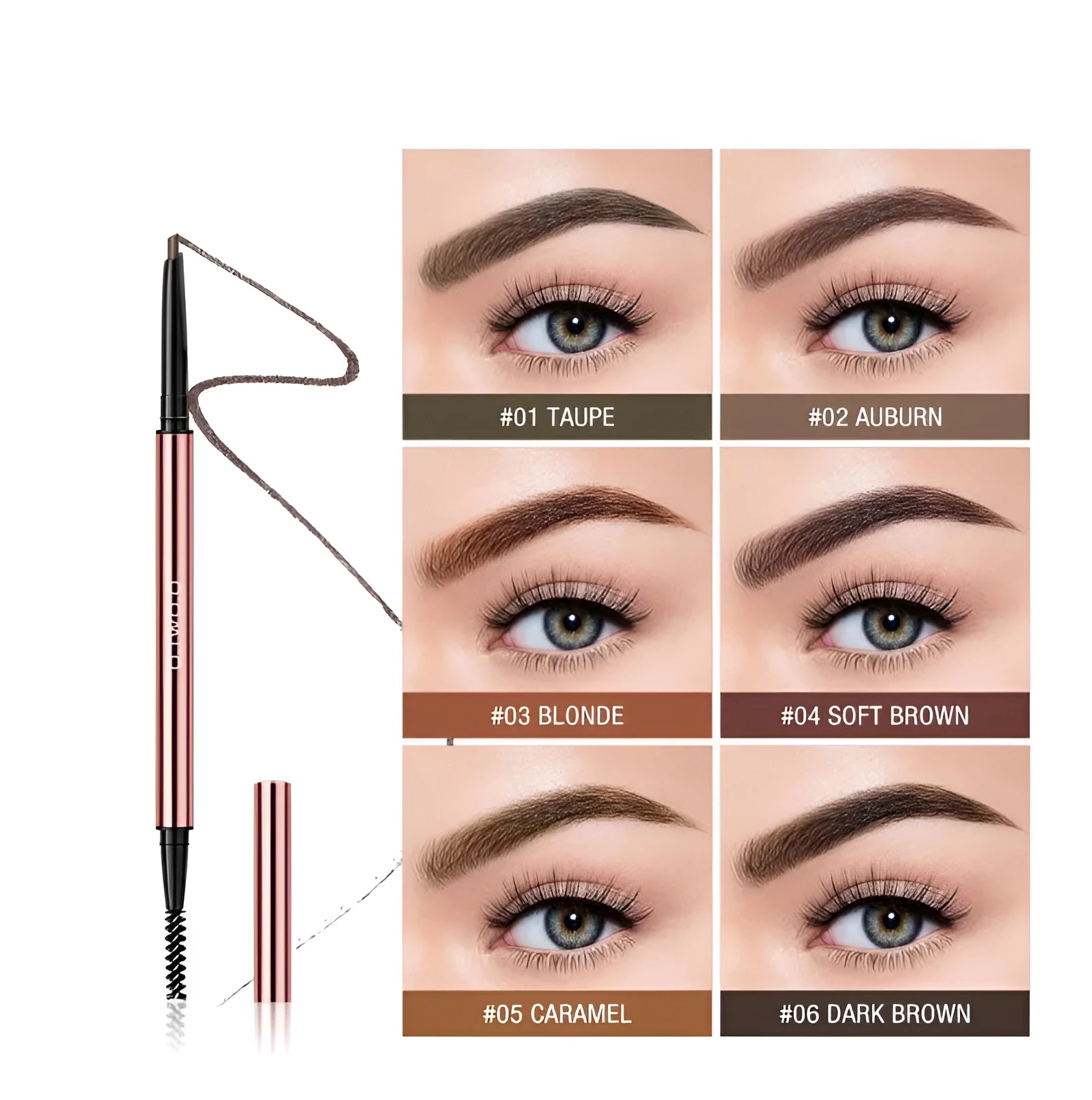 Slim brow makeup pencil in colour box with six shade options: Auburn, Blonde, Caramel, Dark Brown, Soft Brown, Taupe.